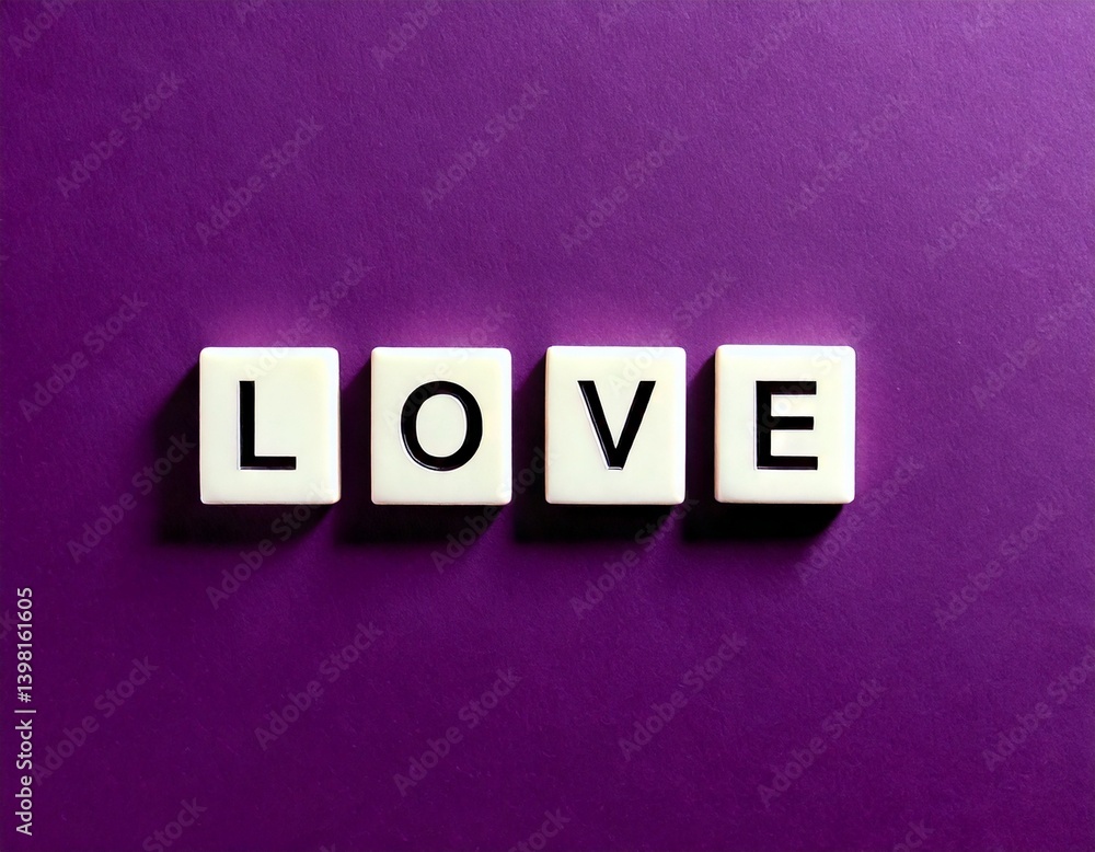 Obraz premium Love word banner with 3D letter tiles on a purple background. Modern, simple aesthetic design, isolated.