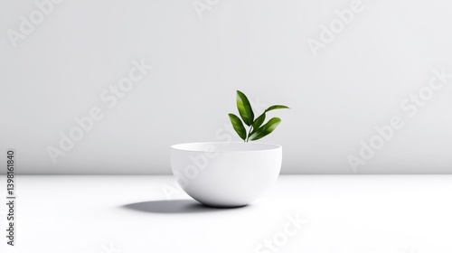Wallpaper Mural White Bowl with Greenery Minimalist Style High-resolution Soft Lighting Centered Still Life Simple Arrangement Growth Concept White Background Pure Clean Tones Ideal for Wellness Ads Torontodigital.ca