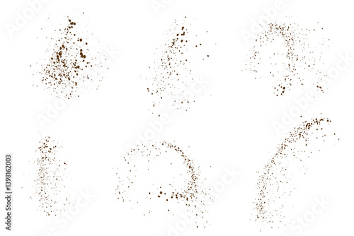 Vector set of spray flying coffee and chocolate powder particles overlay grunge texture background element