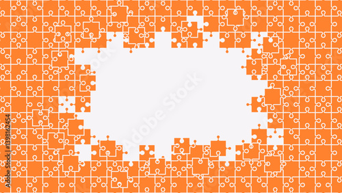 Puzzle pieces background. Vector illustration. Jigsaw puzzle game. Fragments are connected. Problem solution, working in a team concept. Infographic template. Orange color.