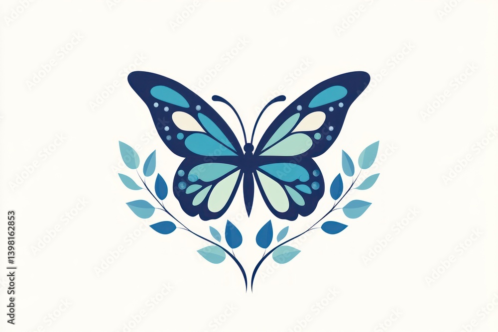 Blue butterfly floral emblem design, white background, logo template. Blue butterfly floral emblem design, white background, logo template.
