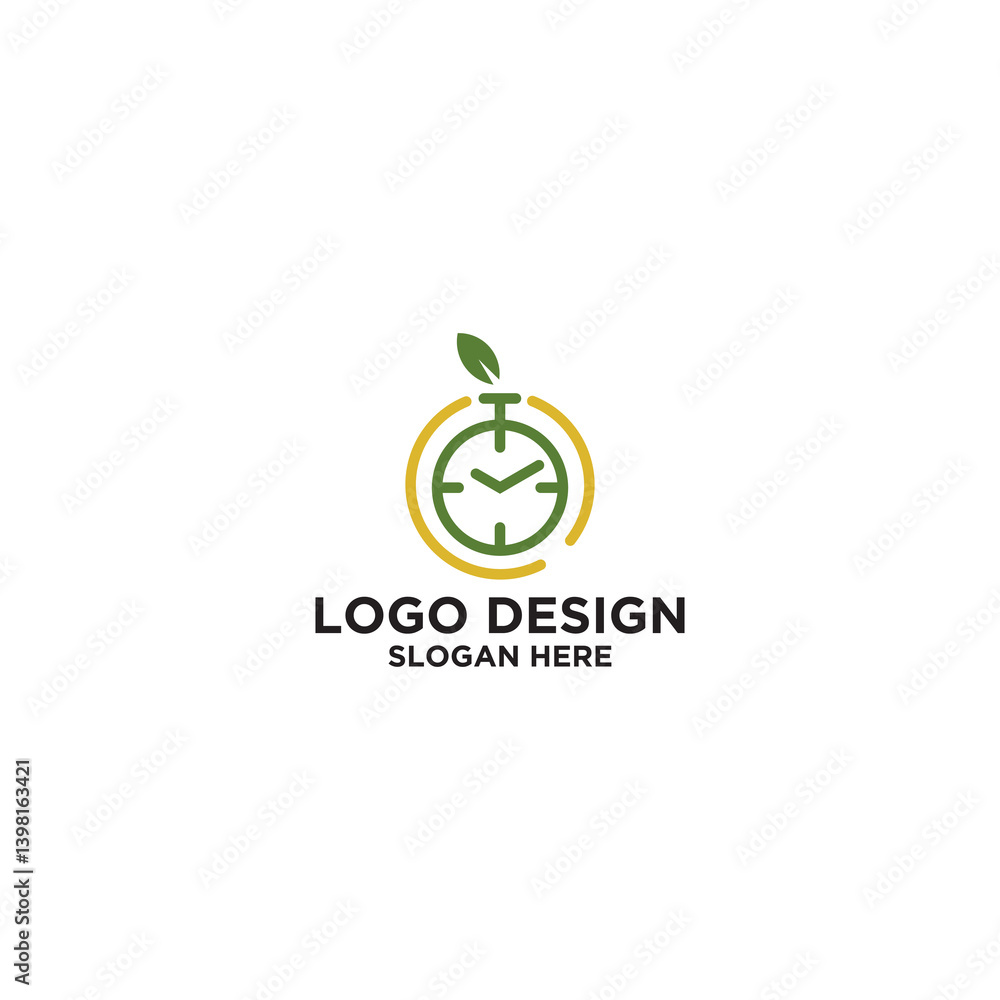 Green And Yellow Circular Clock Logo Design With Leaf Green And Yellow Circular Clock Logo Design With Leaf