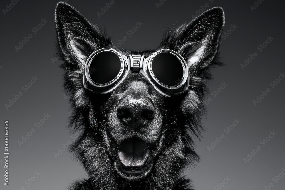 Dog wearing futuristic glasses in studio lighting. AI-generated animal portrait with tech accessories, humor and conceptual fashion in modern pet photography.