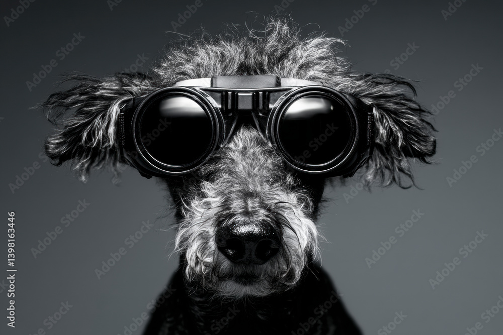 Poodle dog in round glasses posing in studio. Black and white AI-generated image mixing humor, futurism and pet identity with surreal and stylized fashion touch.