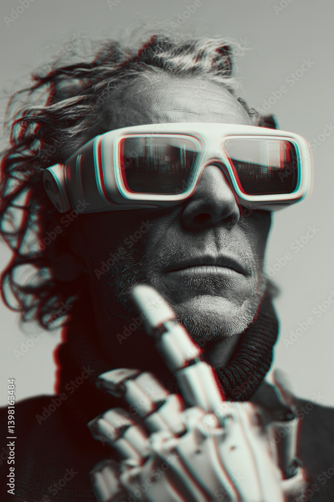 Cyborg man with robotic hand and sci-fi glasses in monochrome. AI-generated futuristic portrait combining cyberpunk aesthetic and conceptual fashion identity in high contrast.