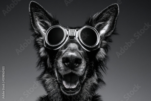 Dog wearing futuristic glasses in studio lighting. AI-generated animal portrait with tech accessories, humor and conceptual fashion in modern pet photography.