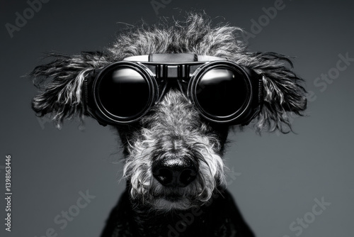 Obraz na płótnie Poodle dog in round glasses posing in studio. Black and white AI-generated image mixing humor, futurism and pet identity with surreal and stylized fashion touch. w salonie
