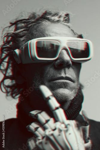 Obraz na płótnie Cyborg man with robotic hand and sci-fi glasses in monochrome. AI-generated futuristic portrait combining cyberpunk aesthetic and conceptual fashion identity in high contrast. w salonie