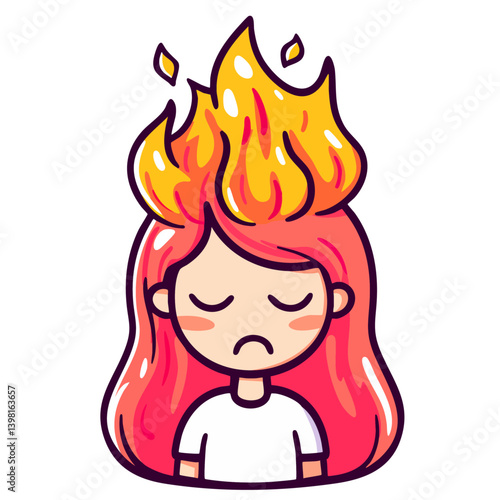 Woman with her head on fire, girl in emotional anxiety distress, depressed and tired, unhappy with eyes closed and hair burning, doodle cartoon character, isolated simple vector illustration
