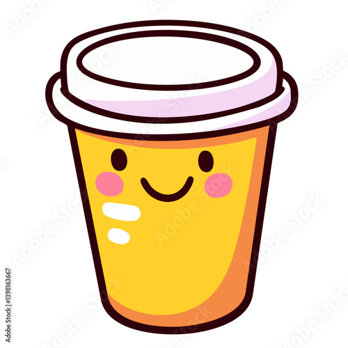 Happy paper take away coffee cup with lid, closed to go soda cup, hand drawn doodle cartoon character clip art, kawaii isolated cute simple vector illustration