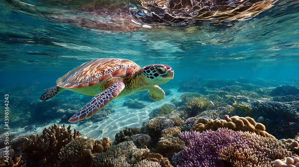 Fototapeta premium underwater shot of sea turtle gracefully swimming through vibrant coral reefs, surrounded by clear turquoise water and sunlight reflections, creating serene and colorful marine scene