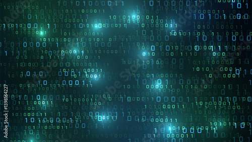 Vector digital code rain in a Matrix inspired futuristic style. High-tech backdrop with glowing binary characters. Binary Software Programming Code Background. Digital Data Technology Concept.
