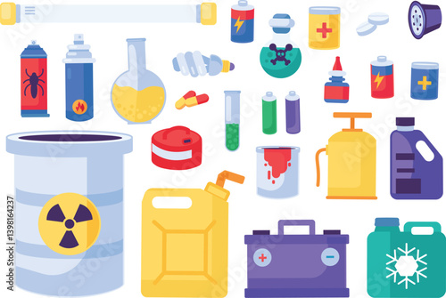 Collection of Chemical Fuel Industry Hazardous Objects. Items out of use and subject to disposal. Recycling of Chemical industrial products. Cartoon vector isolated on white background
