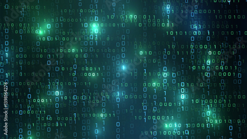 Vector digital code rain in a Matrix inspired futuristic style. High-tech backdrop with glowing binary characters. Binary Software Programming Code Background. Digital Data Technology Concept.
