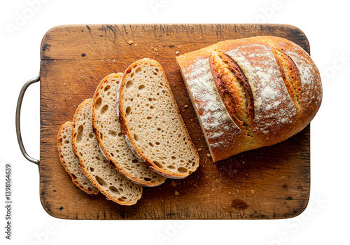 Rustic sliced bread rests on wooden cutting board, top view isolated on white background. Freshly baked artisan loaf captures rustic charm, perfect for bakery or food blog visuals. Truly rustic.