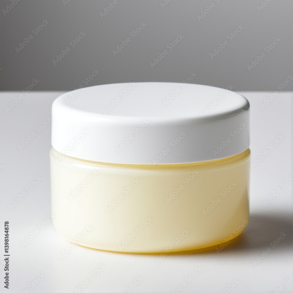 Simple Container of Creamy Moisturizer: Clean White Lid Meets Pale Yellow Body, Poised on a Bright Surface. Simple Container of Creamy Moisturizer: Clean White Lid Meets Pale Yellow Body, Poised on a Bright Surface.