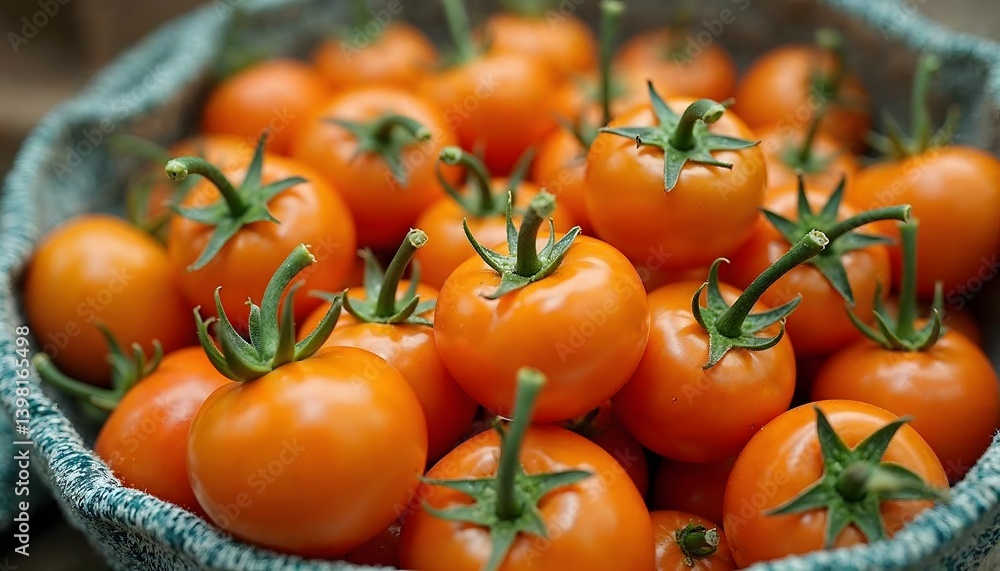 Close-up of fresh, vibrant orange tomatoes in a basket. Close-up of fresh, vibrant orange tomatoes in a basket.