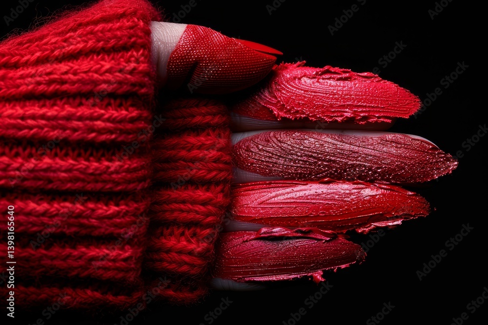 Fototapeta premium Bright red nails displayed against a dark background with a hand wearing a cozy sweater