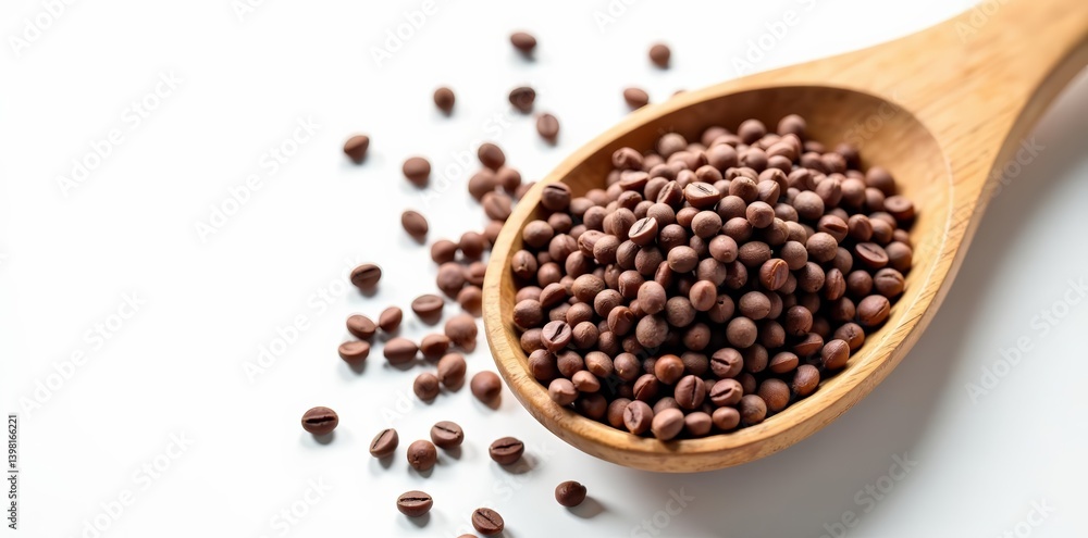 Top view of chia seeds in natural wood spoon against white backdrop, wooden spoon, ingredient, chia Top view of chia seeds in natural wood spoon against white backdrop, wooden spoon, ingredient, chia