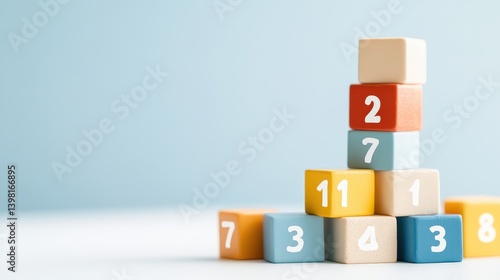 A child learning numbers and math concepts with a stack of colorful wooden building blocks  Educational toys promoting early childhood development numeracy and STEM skills