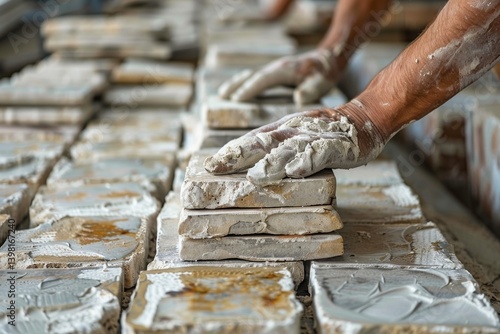 Crafting intricate designs with hand-pressed clay tiles at an artisan workshop in afternoon light