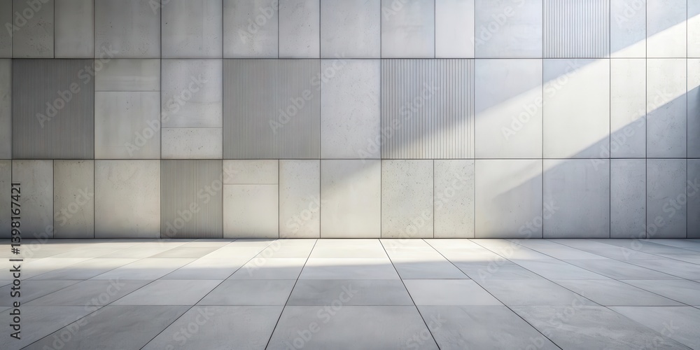 Sunlight Illuminates a Modern Architectural Space Featuring a Geometric Patterned Wall and a Smooth Tiled Floor Sunlight Illuminates a Modern Architectural Space Featuring a Geometric Patterned Wall and a Smooth Tiled Floor