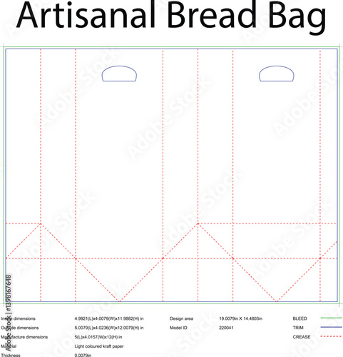 Technical Drawing Of A Paper Bread Bag With Bleed Trim And Crease Lines
