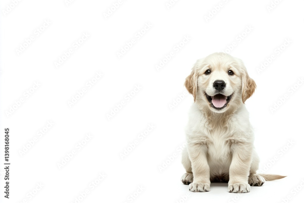 Golden puppy sitting, smiling on white background for animal or pet blog, article, poster Golden puppy sitting, smiling on white background for animal or pet blog, article, poster
