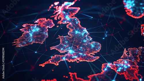 Futuristic map of great britain featuring a networked tech design with glowing neon connections
