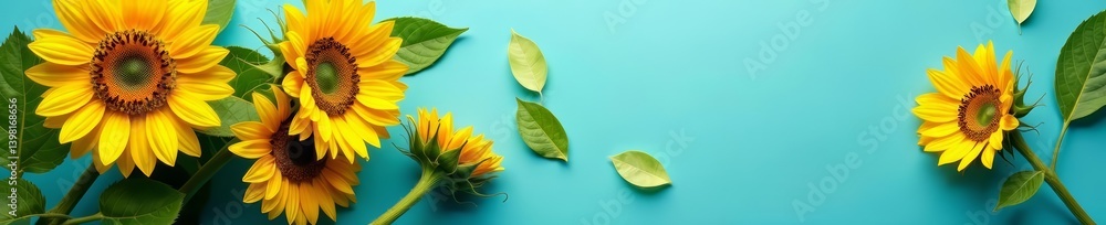 Fototapeta premium Top view of sunflowers in full bloom laid out on azure backdrop flat lay with room for writing, vibrant, flat lay, blue background
