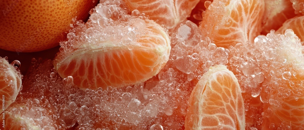 Fresh tangerines with vibrant orange segments are nestled among sparkling bubbles, creating refreshing and appetizing scene. juicy texture and bright color evoke sense of delight and freshness Fresh tangerines with vibrant orange segments are nestled among sparkling bubbles, creating refreshing and appetizing scene. juicy texture and bright color evoke sense of delight and freshness