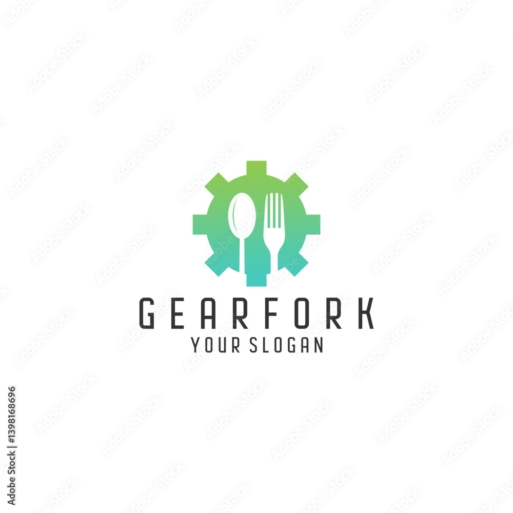 Green Gradient Gear Fork Spoon Logo Design Green Gradient Gear Fork Spoon Logo Design