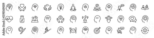 Mental health web icons in line style. Psychology, depression, bipolar, PTSD, therapy, psychologist, schizophrenia, dementia, stress. Vector illustration.