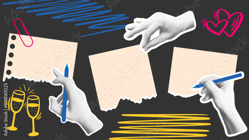 Collage with elements of torn paper and hands in halftone style. Take notes, keep records, leave a message concept. Contemporary horizontal banner in collage style, vector graphics