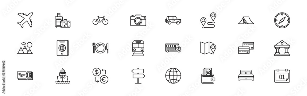 Travel web icons in line style. Tourism, vacation, holiday, airplane, bicycle, automobile. Editable stroke. Vector illustration. Travel web icons in line style. Tourism, vacation, holiday, airplane, bicycle, automobile. Editable stroke. Vector illustration.