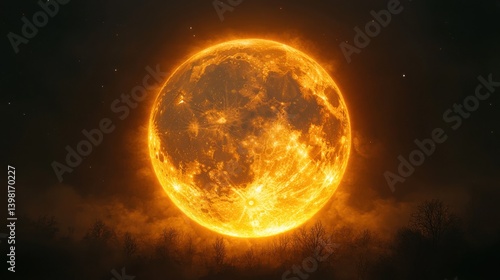 A Majestic Full Moon Rising Over a Mysterious Forest, Illuminating the Night Sky with a Warm Golden Glow, Evoking a Sense of Wonder and Tranquility in a Dreamlike Atmosphere