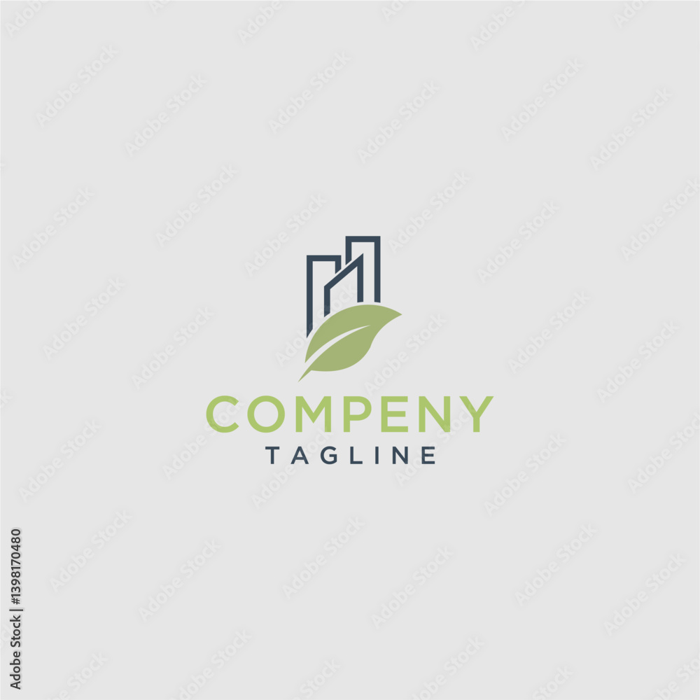 Green Leaf and Building Minimalist Logo Design Green Leaf and Building Minimalist Logo Design