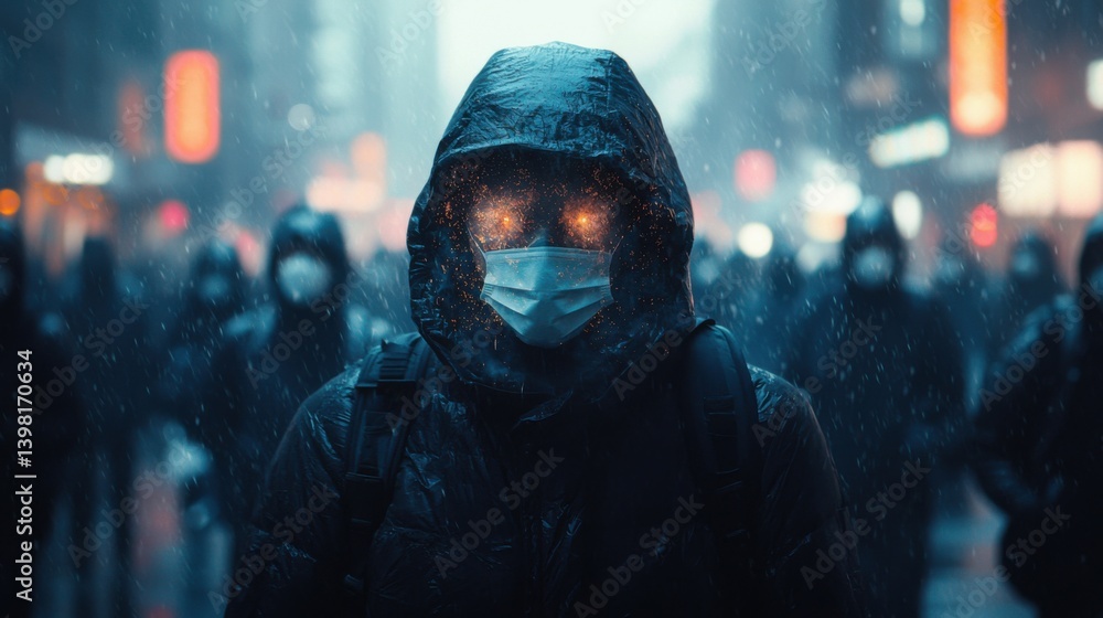 Mysterious Figure in Rainy Cityscape: An Abstract Photograph of a Person in a Black Hooded Jacket with Glowing Eyes Amidst a Crowd, Capturing a Modern Urban Atmosphere at Night Mysterious Figure in Rainy Cityscape: An Abstract Photograph of a Person in a Black Hooded Jacket with Glowing Eyes Amidst a Crowd, Capturing a Modern Urban Atmosphere at Night