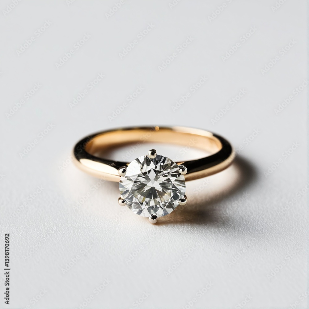 Sparkling Solitaire: A Golden Band Adorned with a Brilliant Cut Diamond on a Clean, White Surface Sparkling Solitaire: A Golden Band Adorned with a Brilliant Cut Diamond on a Clean, White Surface