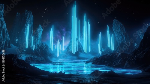 Abstract digital landscape with vertical blue and red lines