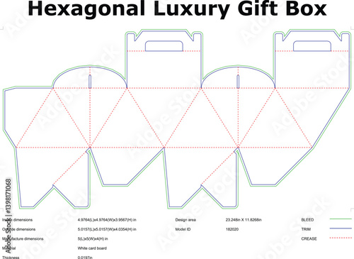 Hexagonal Gift Box Packaging Die Cut Template Blueprint For Manufacturing White Cardboard