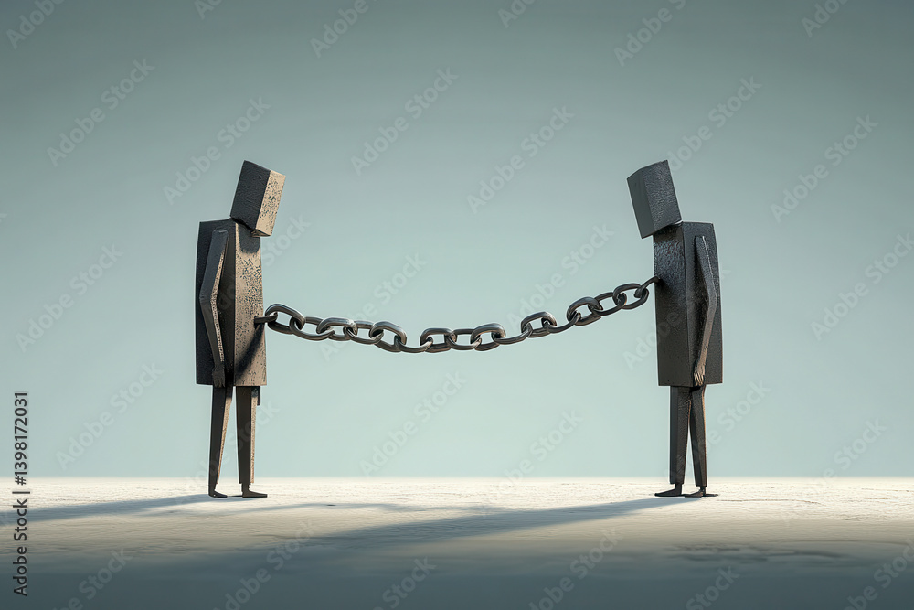 Two figures chained together in sterile space. AI-generated minimalist concept symbolizing toxic relationships, control, emotional dependency and psychological captivity.