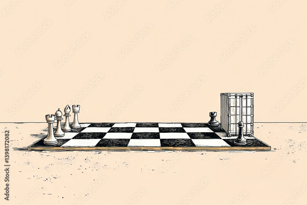 Pawns playing chess alone with empty board. AI-generated metaphor about lost strategy, abandonment, disillusionment and existential emptiness in conceptual minimalist illustration.