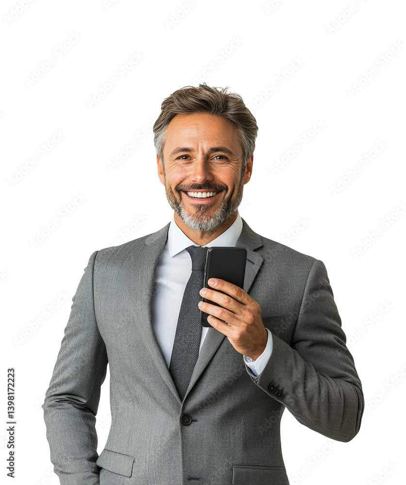 Business professional smiling with smartphone in corporate office environment portrait view. Isolated on transparent background, png.