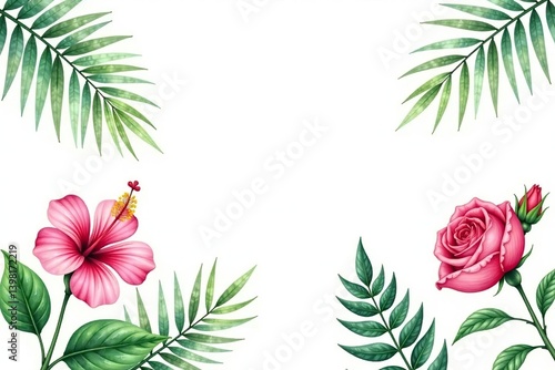 Watercolor drawing of tropical plants and flowers on white background including palm leaves, rose, hibiscus, pansy, and fern,  palm leaves,  fern