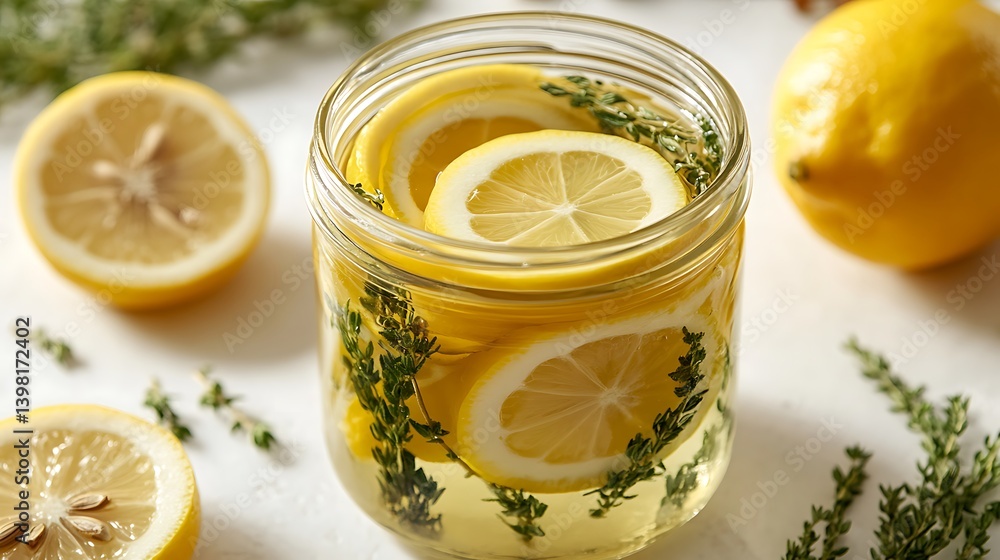 Fresh Sliced Lemons and Aromatic Herbs in Glass Jar on Light Background Fresh Sliced Lemons and Aromatic Herbs in Glass Jar on Light Background
