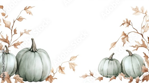 Autumnal watercolor arrangement of pale pumpkins and delicate foliage illustration