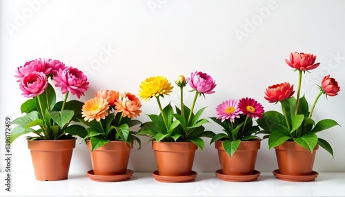 Wallpaper Mural Vibrant array of blooming flowers in various sized pots against a white background,  nature,  beauty Torontodigital.ca