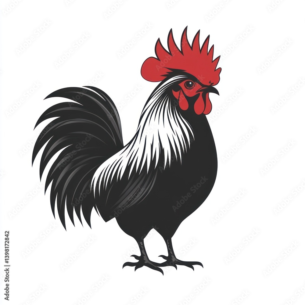 Fototapeta premium Proud Rooster Standing, Farm Animal Illustration, White Background, Food Packaging Design