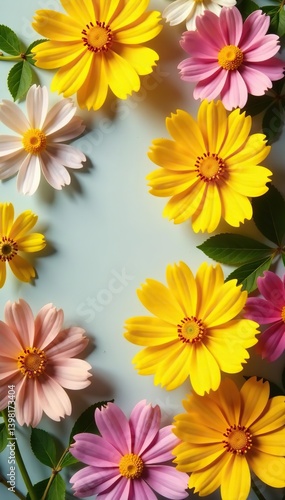 Yellow cosmos flowers arranged in a flat lay postcard style, showcasing the vibrant local flora of Asia,  botanical,  creative